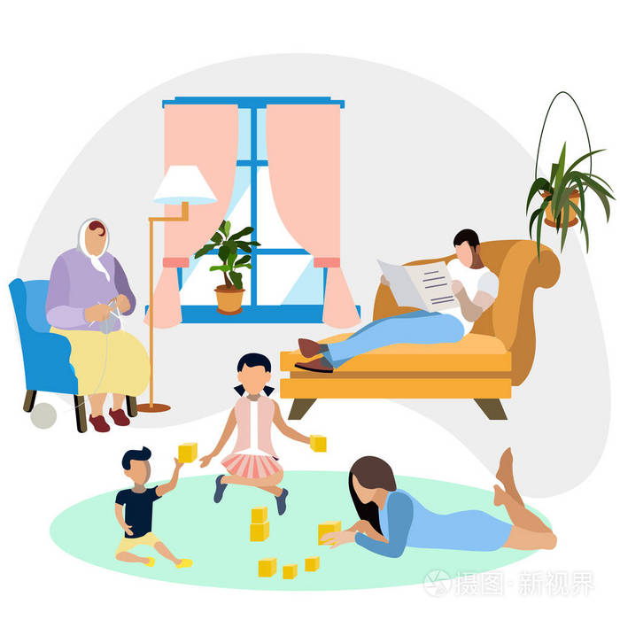 一家人在家里休息.室内客房.简约风格.平面等距