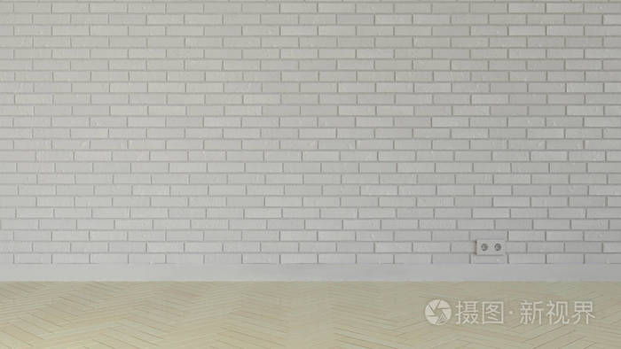 空房间有白色油漆砖墙和镶木地板. 室内模型. 三维渲染插图.