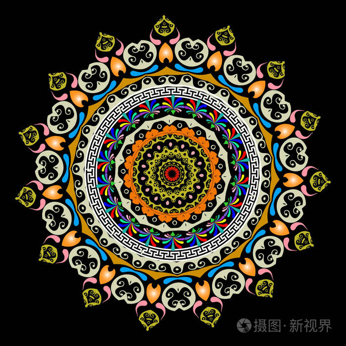 五颜六色的圆形希腊曼陀罗图案. 观赏花卉背景.