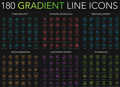 180时尚渐变式细线图标集的网络安全, 网络技术, 网络开发, 数字营销, 电子设备, 3d 建模隔离在黑色背景