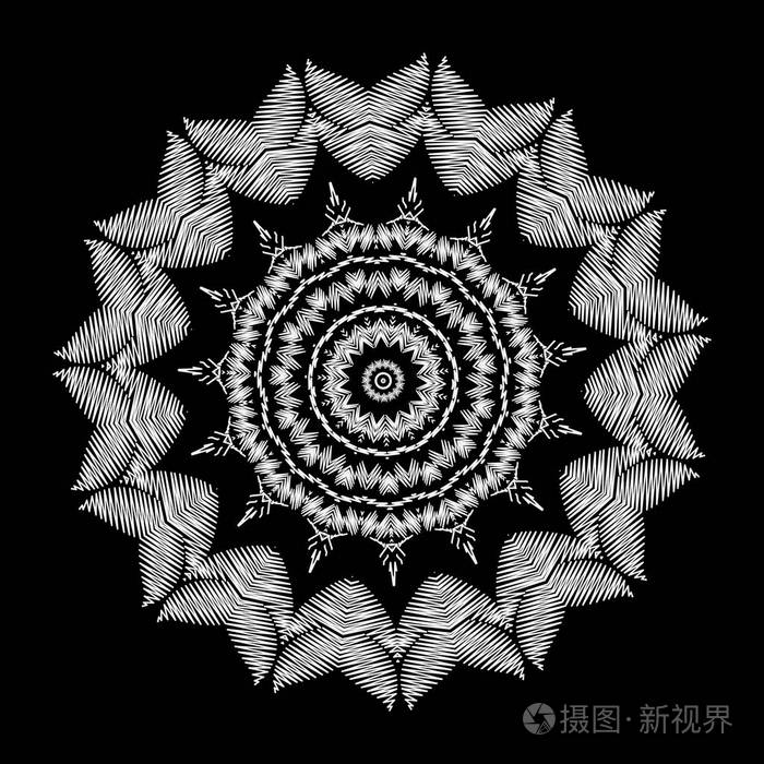 格朗格刺绣花民族风格曼陀罗图案. 矢量装饰纹理圆形部落装饰品.