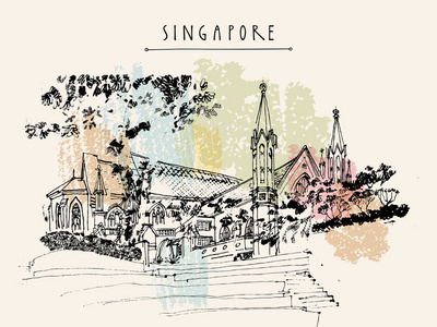 s Cathedral, Singapore. Travel hand drawn postcard or poster wit