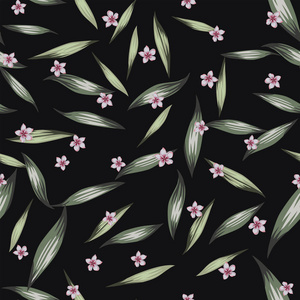 绿色无缝矢量图案粉红色花梅叶Frangipani和绿色热带逼真的叶子在黑色背景上。 时尚设计面料