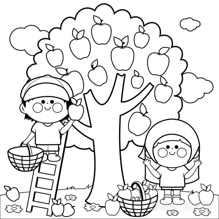 矢量黑白插图两个孩子,一个男孩和一个女孩在苹果树下摘苹果.
