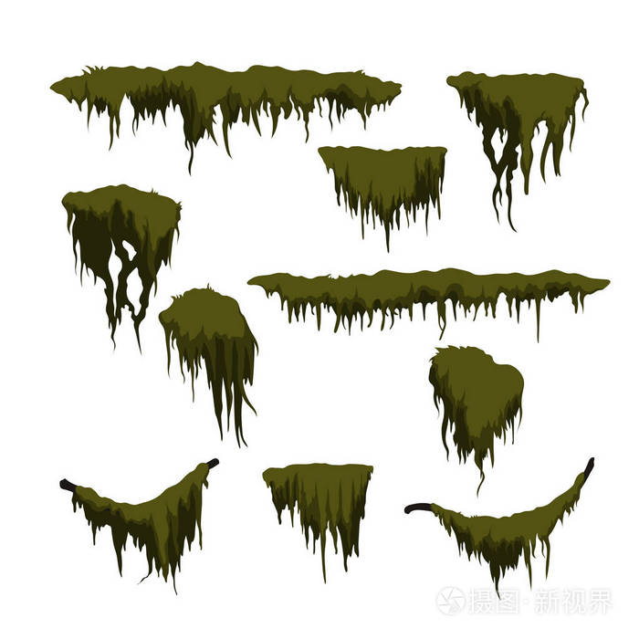 绿色沼泽苔藓在白色背景.卡通风格的森林草.独立的设计元素.游戏精灵.