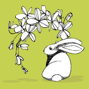 可爱的兔子与复活节花手画例证。绘制可爱兔子的插图明信片设计