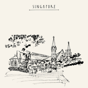 s Cathedral, Singapore. Travel hand drawn postcard or poster wit