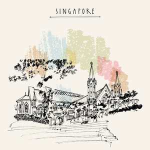 s Cathedral, Singapore. Travel hand drawn postcard or poster wit