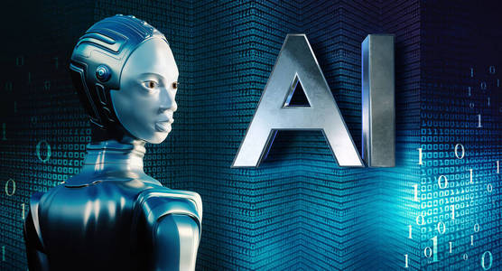概念特写女性机器人的铬服肖像。 技术大数据背景下机器人的侧视图。 人工智能在建筑物上的字母。