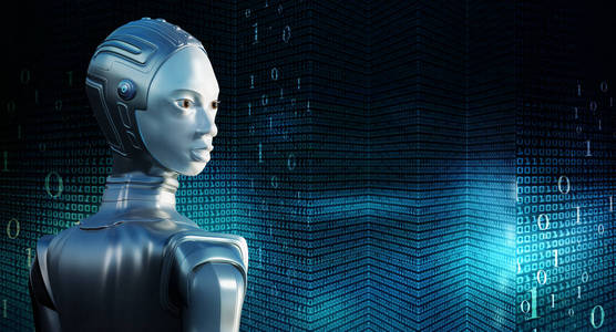 概念特写女性机器人的铬服肖像。 技术大数据背景下机器人的侧视图。