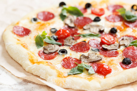 自制披萨，配上意大利腊肠蘑菇西红柿马拉和罗勒
