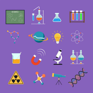 丰富多彩的科学图标集教育和研究概念设计收藏。 包括显微镜科学工具化学烧瓶实验室和研究符号。