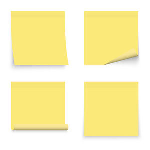 一套黄色贴纸。 带卷曲角的纸条。 在白色背景上分离的矢量。