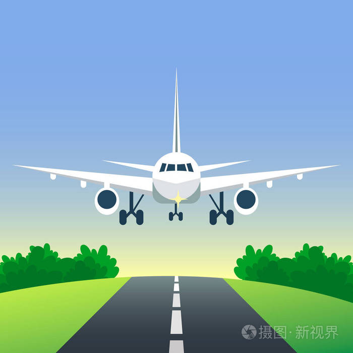 飞机在跑道上着陆或起飞飞机在天空和道路之间的田野草地和森林旅行