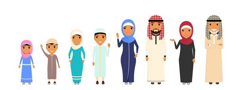 阿拉伯人的大家庭。 所有家庭成员都处于不同的地位。 每个人都微笑。 白色背景上的扁平风格。 卡通。
