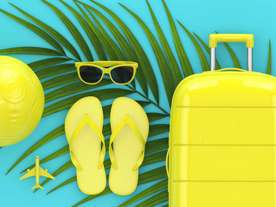 蓝色背景下带棕榈叶和度假用品的手提箱的三维渲染