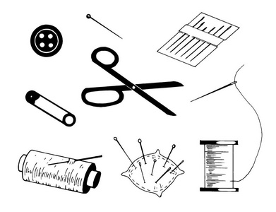 简单的一套缝制相关矢量线图标插图在白色背景