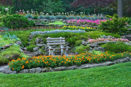 张木凳上盛开的鲜花，与夏天花园里