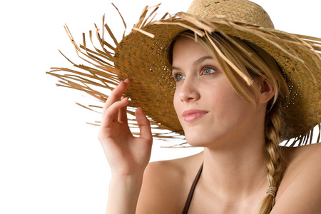 海滩草帽与比基尼快乐的女人