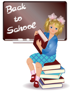 回学校。书的小女孩。矢量插画