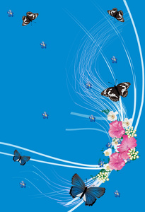 蝴蝶和蓝上的粉红花朵