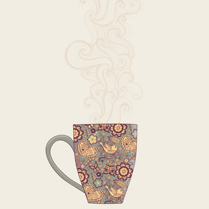 咖啡和茶杯子与花卉图案。杯的背景。热着母爱