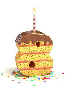 编号八个形状巧克力生日蛋糕，点燃的蜡烛和纸屑