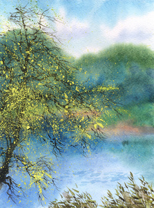水彩风景。树在春天在池塘中