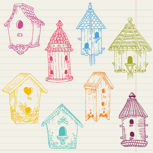 可爱的小鸟房子对面条手绘在矢量设计