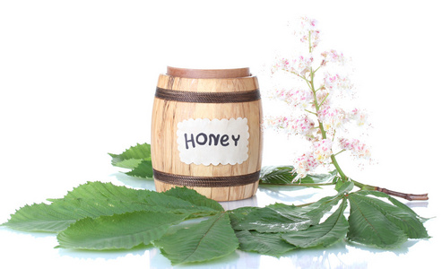 蜂蜜和板栗花被隔绝在白色背景上的一桶