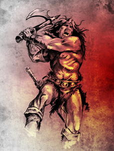 草绘的纹身艺术，与大斧战斗的勇士