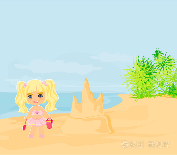 插画建筑在沙滩上的沙子城堡的小女孩