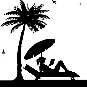 享受日光浴和读一本书旁边的棕榈树在沙滩上的女孩的侧面影像