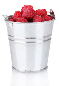 树莓在孤立在白色金属桶