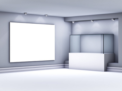 3d 玻璃陈列柜和灯箱与展览在 th 聚光灯