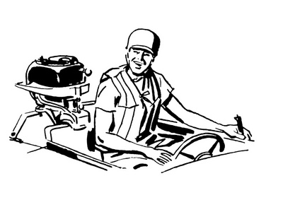 黑色和白色版本的一名男子驾驶一艘船复古插画