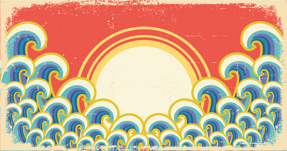 矢量抽象波浪插画与太阳在复古艾菲尔铁塔的背景