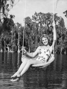 一个年轻女子坐在湖边的秋千上，微笑的肖像