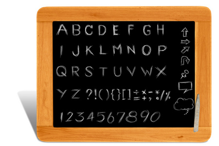 手上黑色木板框架写字母表