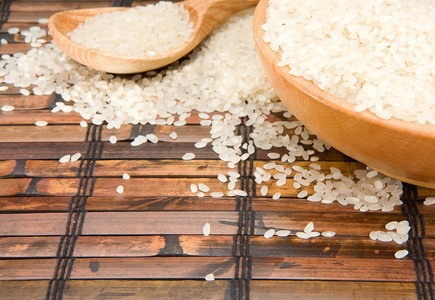水稻和木头板用勺子