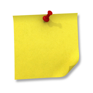 黄色粘滞便笺和孤立在白色背景上的红色图钉
