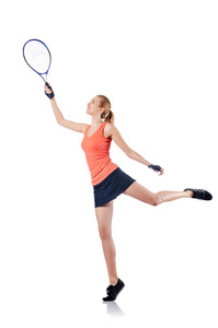 女人在打网球上白