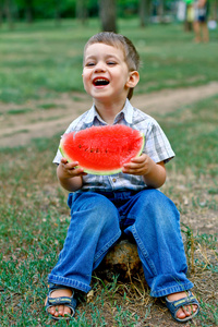 白人小男孩吃一片西瓜