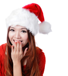 惊讶的圣诞老人女孩微笑覆盖她的嘴里