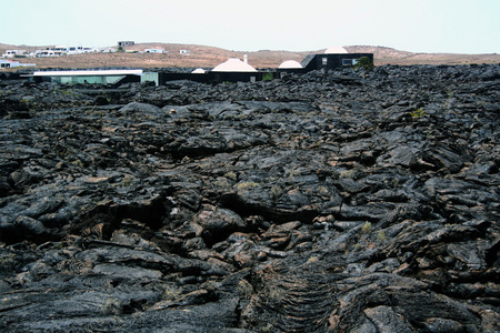 在火山，仙人掌的前景上熔岩的村庄。从兰萨罗特岛，加那利群岛的全景视图