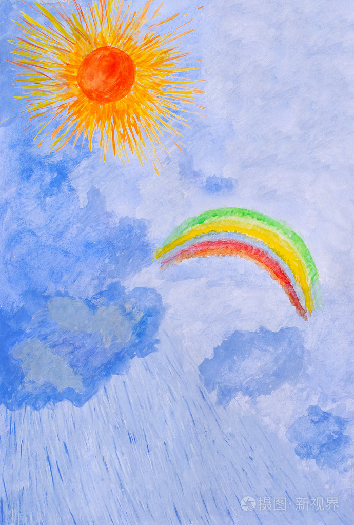 徒手画的水彩画.太阳, 雨水, 彩虹