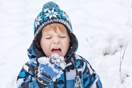 可爱的小孩男孩在冬季一天玩雪