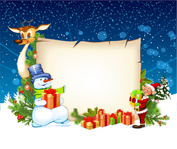 圣诞卡片与雪人驯鹿和一个精灵