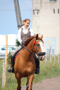 美丽年轻的金发女人板栗骑马