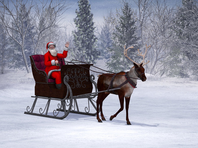 驯鹿拉与挥舞着圣诞老人的雪橇图片